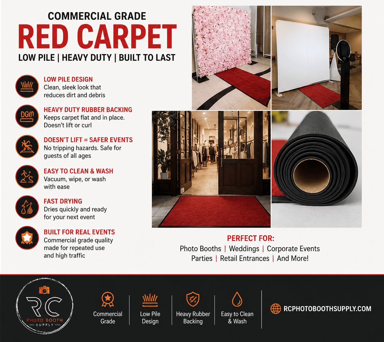 3ft x 5ft Commercial Grade Red Carpet Runner for Events & Photo Booths - RC Photo Booth Supply3ft x 5ft Commercial Grade Red Carpet Runner for Events & Photo BoothsRC Photo Booth Supply