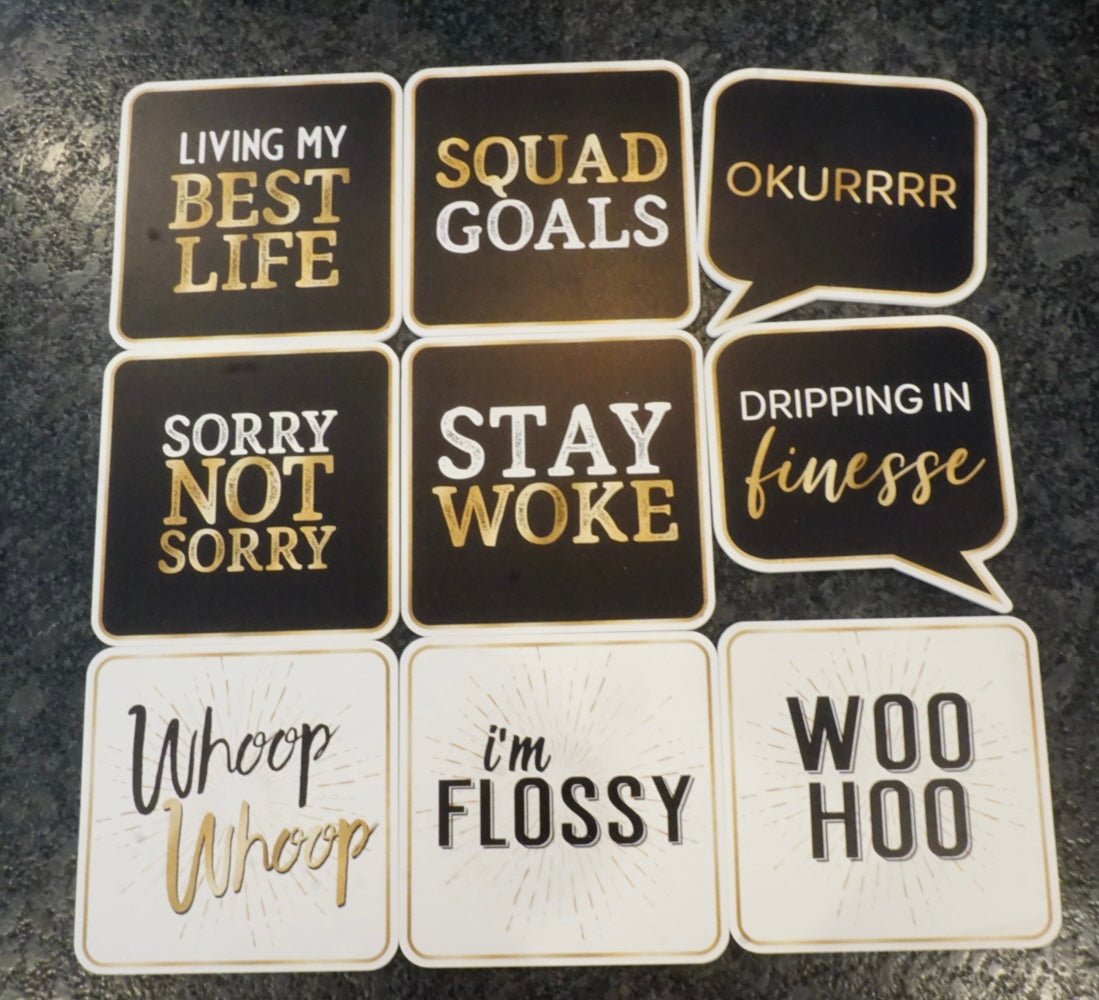 Black & Gold Vibes – Premium Double-Sided Photo Booth Prop Set | 9 Signs, 18 Designs - RC Photo Booth SupplyBlack & Gold Vibes – Premium Double-Sided Photo Booth Prop Set | 9 Signs, 18 DesignsRC Photo Booth Supply