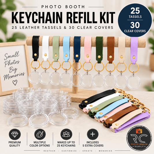 Keychain Station Refill Kit – 30 Clear Covers & 25 Leather Tassels - RC Photo Booth SupplyKeychain Station Refill Kit – 30 Clear Covers & 25 Leather TasselsRC Photo Booth SupplyLight Pink