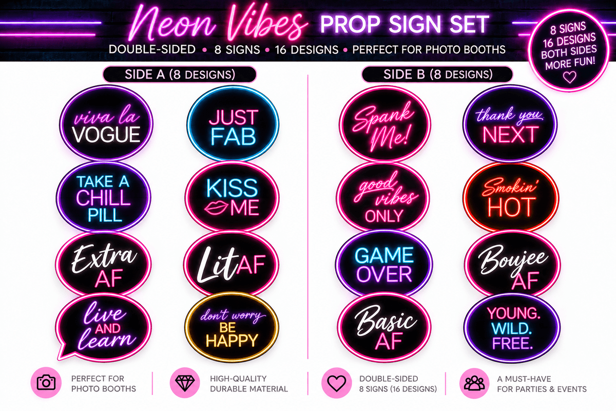 Neon Vibes – Premium Double-Sided Photo Booth Prop Set | 8 Signs, 16 Designs - RC Photo Booth SupplyNeon Vibes – Premium Double-Sided Photo Booth Prop Set | 8 Signs, 16 DesignsRC Photo Booth Supply