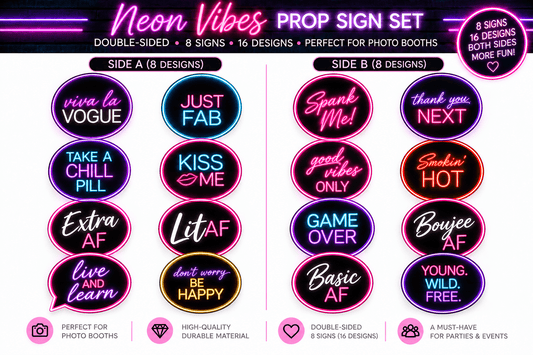 Neon Vibes – Premium Double-Sided Photo Booth Prop Set | 8 Signs, 16 Designs - RC Photo Booth SupplyNeon Vibes – Premium Double-Sided Photo Booth Prop Set | 8 Signs, 16 DesignsRC Photo Booth Supply