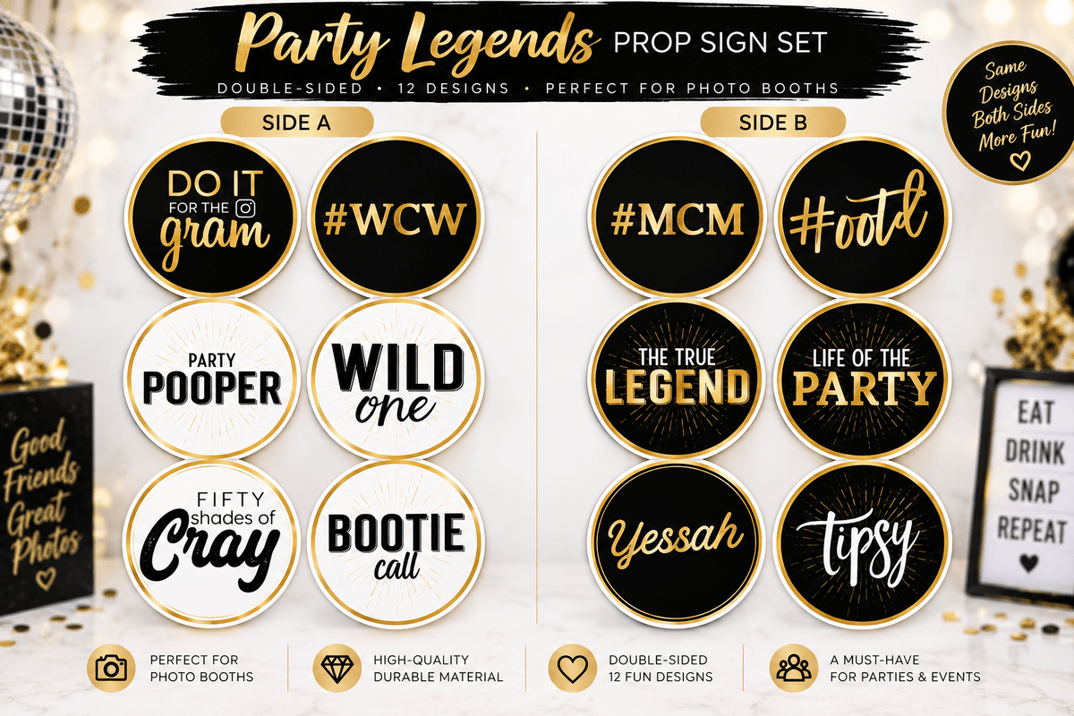 Party Legends – Premium Double-Sided Photo Booth Prop Set | 6 Signs, 12 Designs - RC Photo Booth SupplyParty Legends – Premium Double-Sided Photo Booth Prop Set | 6 Signs, 12 DesignsRC Photo Booth Supply