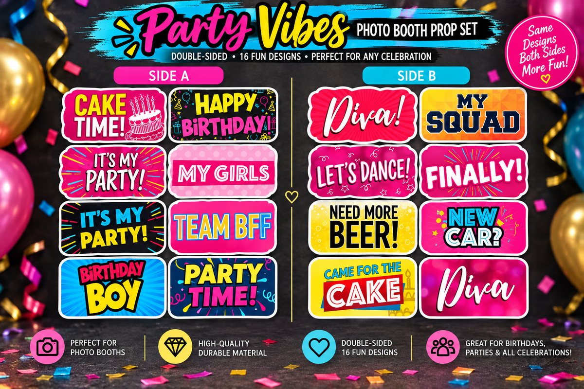 Party Vibes – Premium Double-Sided Photo Booth Prop Set | 8 Signs, 16 Designs - RC Photo Booth SupplyParty Vibes – Premium Double-Sided Photo Booth Prop Set | 8 Signs, 16 DesignsRC Photo Booth Supply
