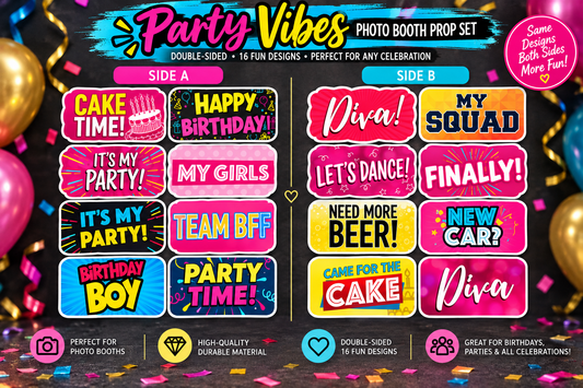 Party Vibes – Premium Double-Sided Photo Booth Prop Set | 8 Signs, 16 Designs - RC Photo Booth SupplyParty Vibes – Premium Double-Sided Photo Booth Prop Set | 8 Signs, 16 DesignsRC Photo Booth Supply