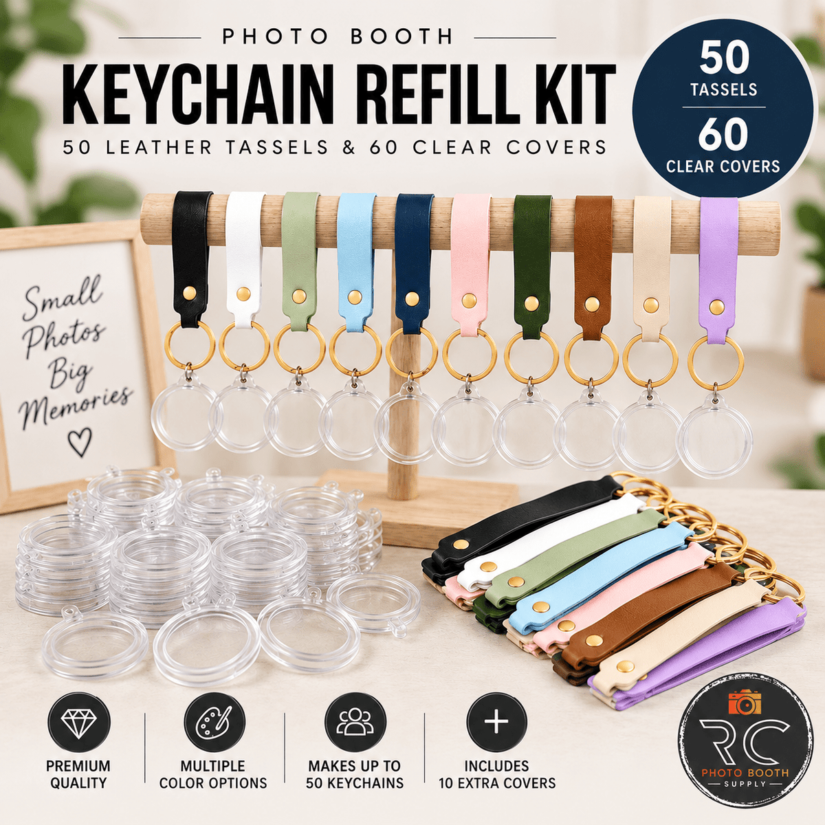 Photo Booth 50 Keychain Refill Kit- 50 Leather Tassels & 60 Clear Covers - RC Photo Booth SupplyPhoto Booth 50 Keychain Refill Kit- 50 Leather Tassels & 60 Clear CoversRC Photo Booth SupplyBeige