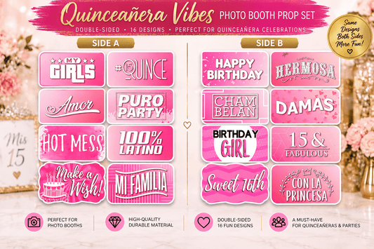 Quinceañera Vibes – Premium Double-Sided Photo Booth Prop Set | 8 Signs, 16 Designs - RC Photo Booth SupplyQuinceañera Vibes – Premium Double-Sided Photo Booth Prop Set | 8 Signs, 16 DesignsRC Photo Booth Supply
