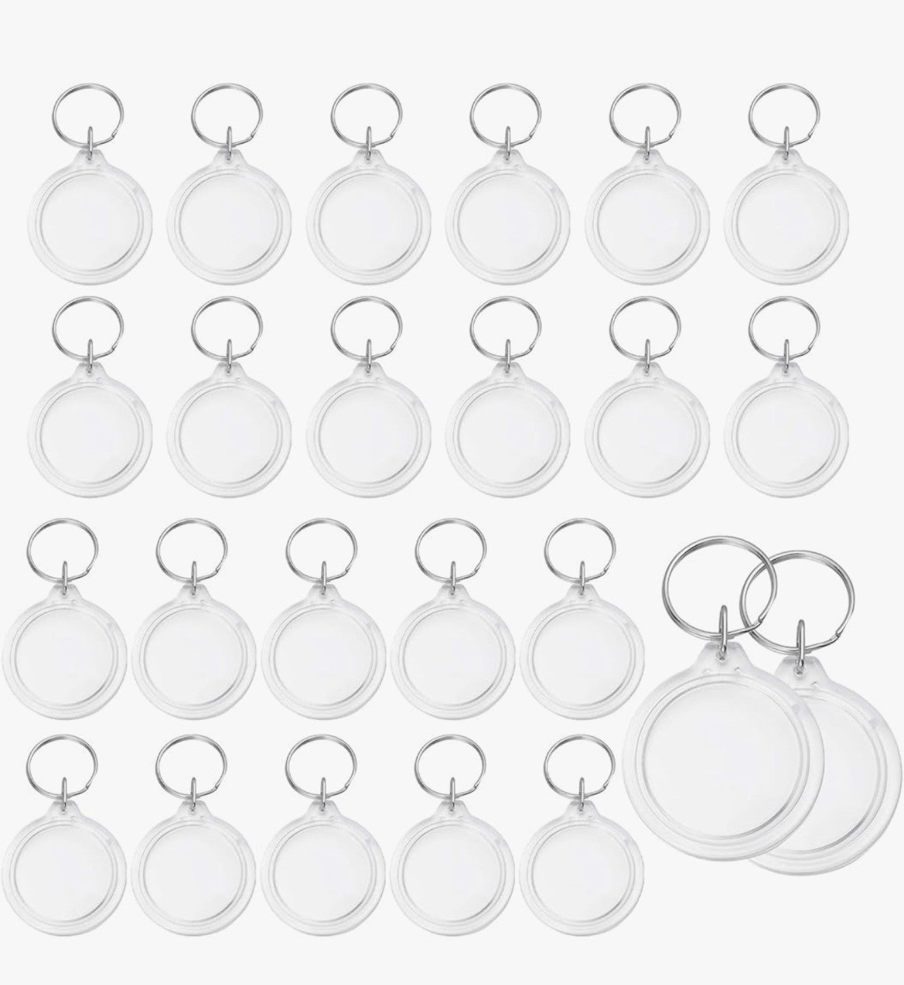 25-pack round acrylic photo keychains with double-sided inserts, ideal for photo booth keychain stations and events.