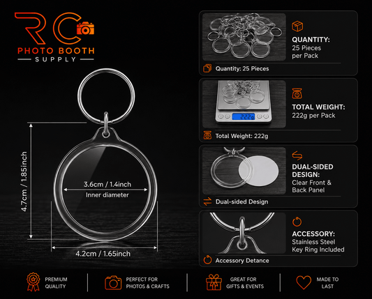25-pack round acrylic photo keychains with double-sided inserts, ideal for photo booth keychain stations and events.