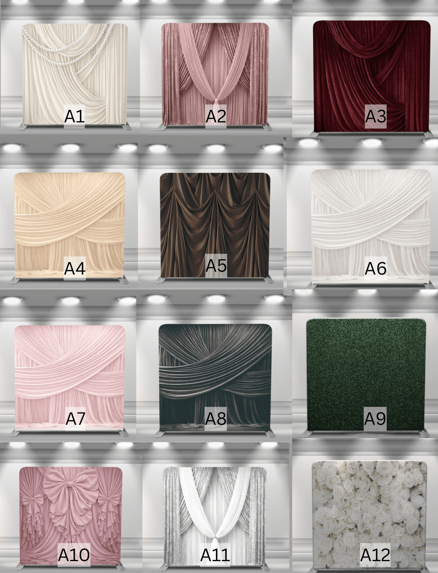 Tension fabric backdrop stand with custom double-sided cover for photo booths, events, weddings, and corporate setups