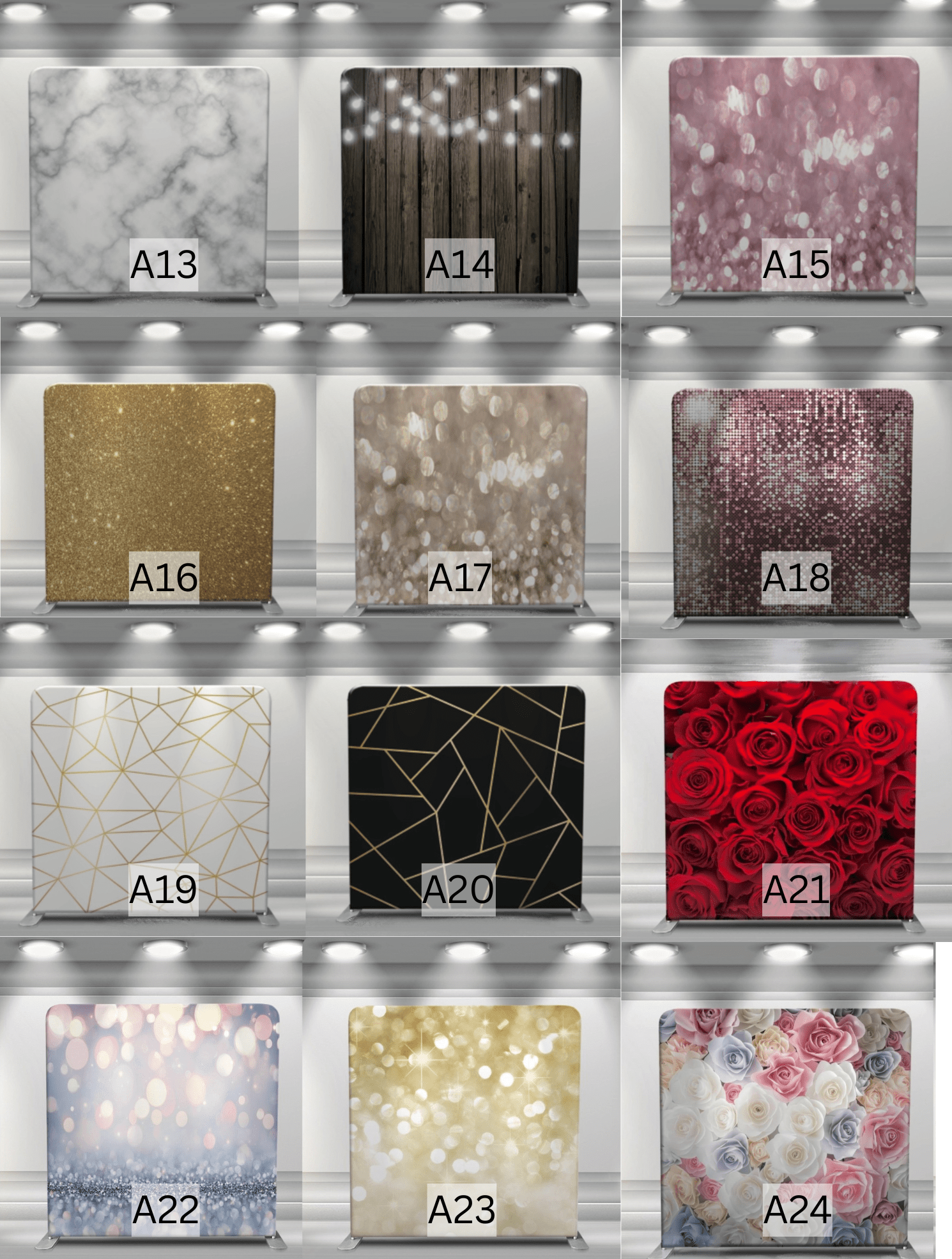 Tension fabric backdrop stand with custom double-sided cover for photo booths, events, weddings, and corporate setups