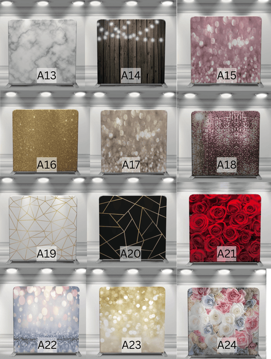 Tension fabric backdrop stand with custom double-sided cover for photo booths, events, weddings, and corporate setups