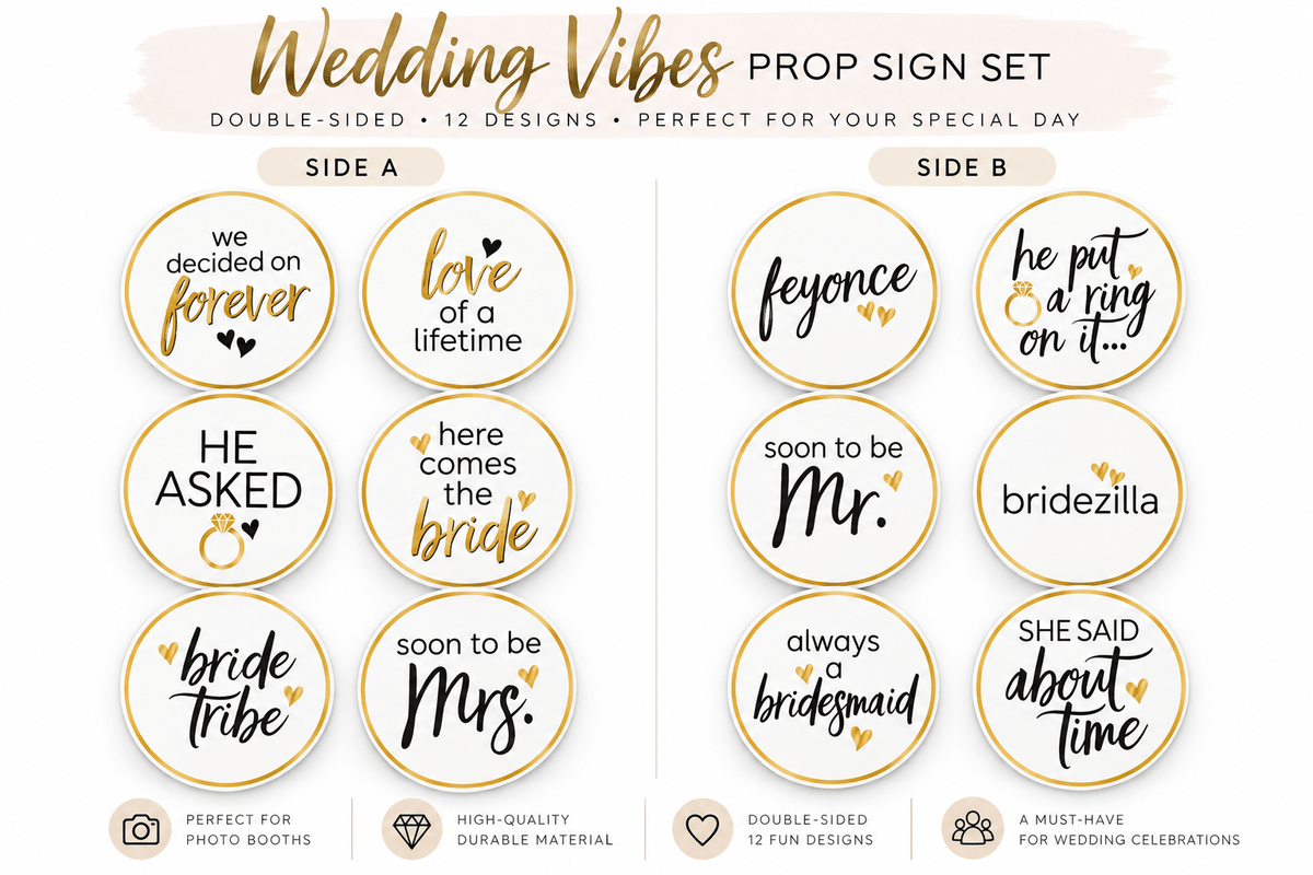 Wedding Vibes – Premium Double-Sided Photo Booth Prop Set | 6 Signs, 12 Designs - RC Photo Booth SupplyWedding Vibes – Premium Double-Sided Photo Booth Prop Set | 6 Signs, 12 DesignsRC Photo Booth Supply